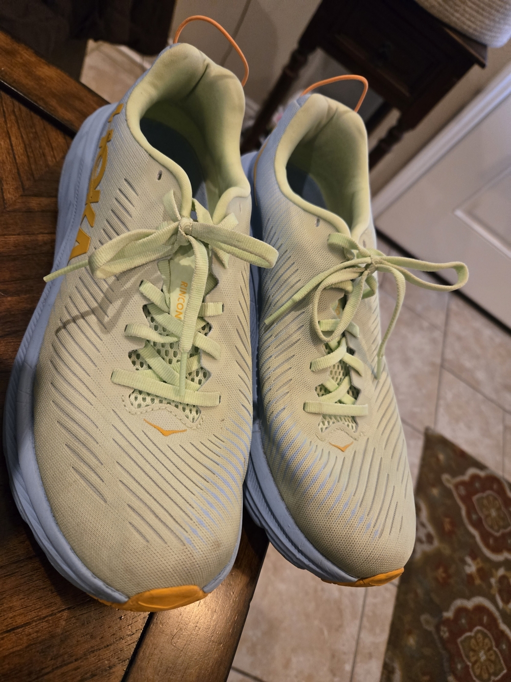 Hoka RINCON 3 One One Pale Green Running Shoes with Blue Logo